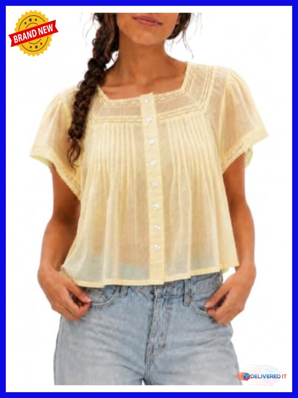 Women's 100% Cotton Lace Babydoll Top Button Down Boho